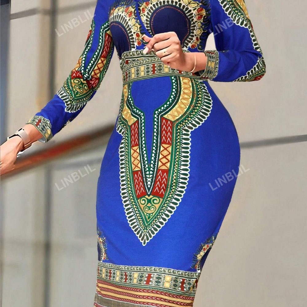 NWOT African Printed Crew Neck Woman Long Sleeve Formal Stylish Dress Size XL